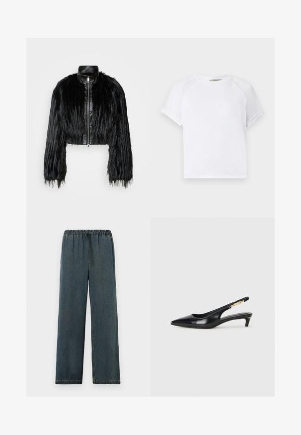 Juodas trumpas švarkas, derinantis ilgas dirbtinio kailio rankoves su juodu odiniu apykakle ir priekiniais užtrauktukais, turintis tekstūruotą, purų paviršių.; Balta medvilninė marškinėliai su apvaliu kaklu, trumpomis raglaninėmis rankovėmis ir laisvu siluetu. Lygus audinys be matomų raštų ar akcentų.; Tamsiai mėlynos džinsinės kelnės su elastinga juosmeniu ir raišteliu. Plati kojų konstrukcija su užbaigtais kraštais ir lygiu, tekstūruotu paviršiumi.; Juodas odinis pavasario batelių modelis su smailiu nosiu, turintis siaurą kulniuką ir auksinės spalvos akcentu reguliuojamoje juostoje. Lygi tekstūra.