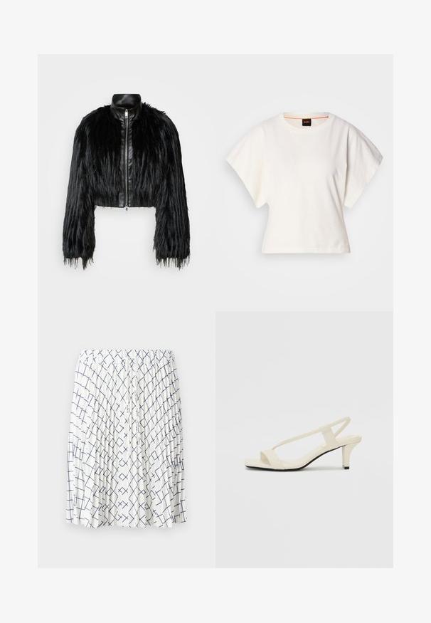 Black cropped jacket combining long faux fur sleeves with a black leather collar and front zipper, featuring a textured, shaggy finish.; White cropped T-shirt, short wide sleeves, soft cotton material, round neckline with subtle orange trim, minimal design, no patterns or graphics.; White skirt with a pleated design, featuring a navy blue geometric pattern of intersecting lines. Elastic waistband with drawstring detail.; Beige block-heeled sandals with thin straps and a square toe. Smooth material with minimal detailing, designed for easy wear.