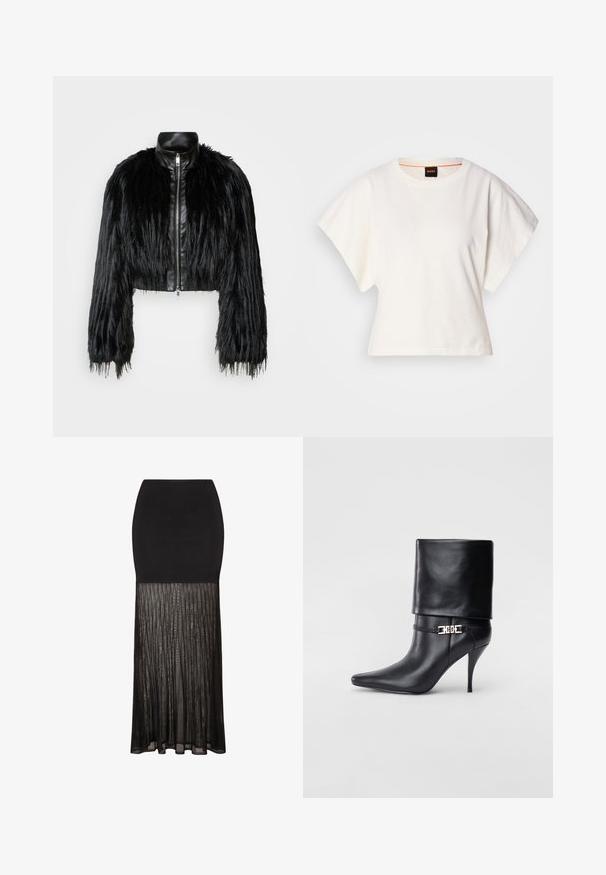 Jacket cropped preta que combina mangas longas de pelo sintético com um colarinho de pele sintética preto e fecho de correr frontal, apresentando um acabamento texturizado e desgrenhado.; T-shirt branco cropped, mangas curtas e largas, material de algodão suave, decote redondo com um discreto acabamento laranja, design minimalista, sem padrões ou gráficos.; Saia preta com um topo justo e uma seção inferior plissada e transparente. A textura suave acima transita para uma aparência fluida e texturizada abaixo.; Bota de tornozelo em couro preto com bico fino, alto salto stiletto, punho dobrado e detalhe decorativo em fivela dourada no tornozelo.
