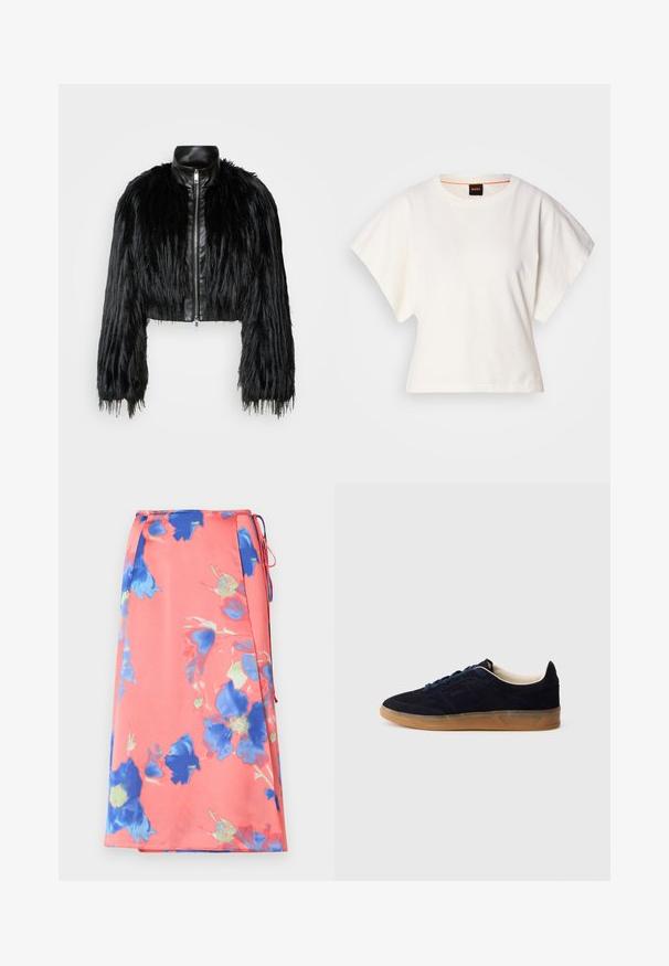 Crna skraćena jakna koja kombinira dugačke rukave od umjetnog krzna s crnim kožnim ovratnikom i prednjim zatvaračem, s teksturiranim, šaggy završetkom.; Bijeli skraćeni T-shirt, široke kratke rukave, mekani pamučni materijal, okrugli izrez s suptilnim narančastim detaljem, minimalistički dizajn, bez uzoraka ili grafika.; Cvećasta midi suknja u koraljnoj boji s plavim i zelenim uzorcima. Izrađena od laganog materijala, s detaljem vezanja i bočnim prorezima.; Tamnoplava brušena tenisica s gumenim potplatom boje gume, plavim vezicama i minimalističkim dizajnom. Ima ulegnuti logo sa strane i glatku unutarnju oblogu.