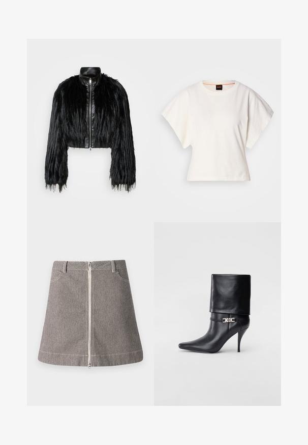 Black cropped jacket combining long faux fur sleeves with a black leather collar and front zipper, featuring a textured, shaggy finish.; White cropped T-shirt, short wide sleeves, soft cotton material, round neckline with subtle orange trim, minimal design, no patterns or graphics.; Striped denim skirt featuring a front zipper, pockets, and a flared shape, in black and white with contrasting stitching details.; Black leather ankle boot with a pointed toe, high stiletto heel, fold-over cuff, and a gold decorative buckle detail on the ankle.