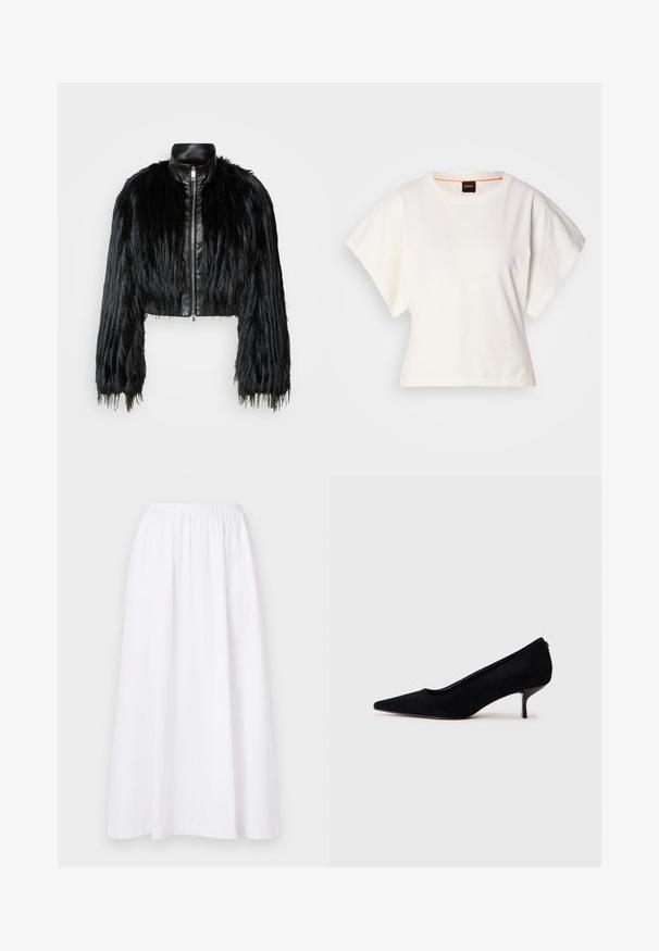 Giacca nera corta che combina maniche lunghe in pelliccia sintetica con un colletto in pelle nera e zip frontale, caratterizzata da una finitura testurizzata e shaggy.; T-shirt bianca cropped, maniche corte e larghe, tessuto di cotone morbido, scollatura rotonda con bordino arancione sottile, design minimale, senza motivi o grafiche.; Gonna bianca fino al ginocchio con elastico in vita, caratterizzata da un design semplice e tessuto leggero, che presenta una trama liscia e uniforme.; Scarpa nera in suede con tacco alto appuntito e tacco sottile e basso. Texture liscia con un design elegante, priva di accessori visibili.