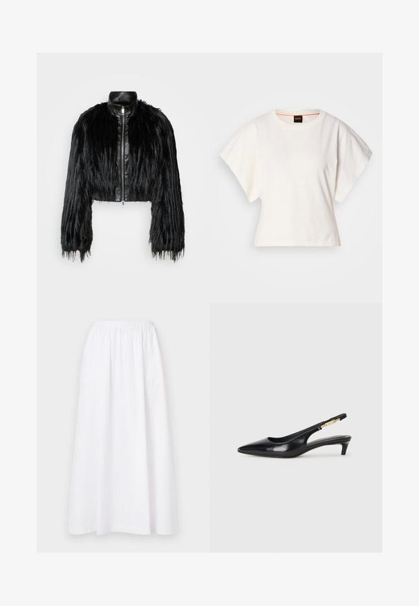 Veste noire courte associant de longues manches en fausse fourrure à un col en cuir noir et une fermeture éclair à l'avant, dotée d'une finition texturée et shaggy.; T-shirt blanc cintré, manches courtes et larges, en coton doux, décolleté rond avec une discrète bordure orange, design minimaliste, sans motifs ni graphiques.; Jupe blanche, longueur genou, avec une taille élastique, présentant un design simple et un tissu léger, exhibant une texture lisse et unie.; Talons hauts en cuir noir avec un bout pointu, dotés d'un talon fin et d'un accent en ton or sur la lanière réglable. Texture lisse.