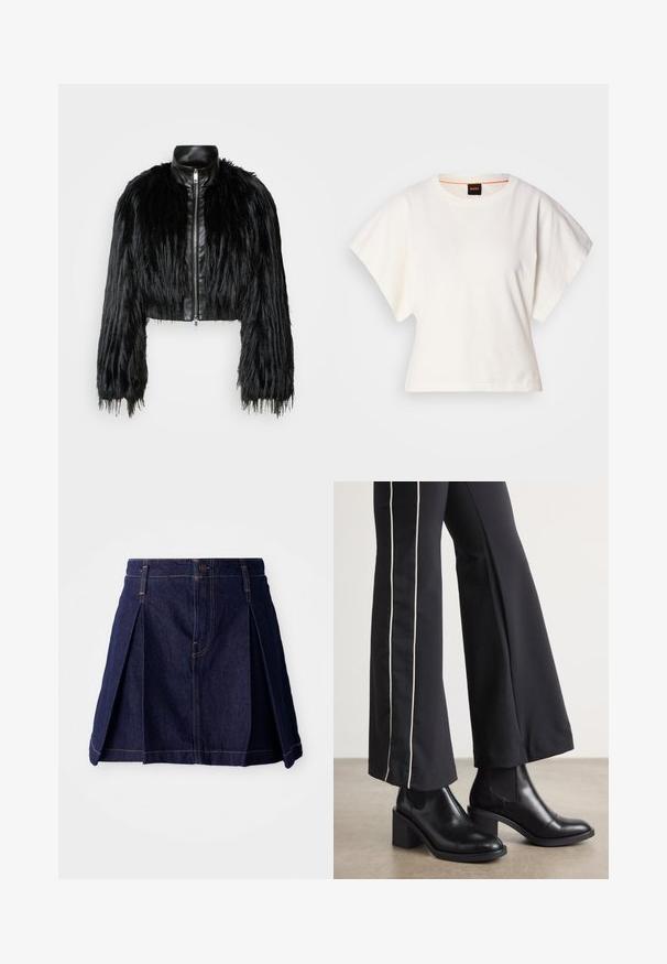 Crna skraćena jakna koja kombinira dugačke rukave od umjetnog krzna s crnim kožnim ovratnikom i prednjim zatvaračem, s teksturiranim, šaggy završetkom.; Bijeli skraćeni T-shirt, široke kratke rukave, mekani pamučni materijal, okrugli izrez s suptilnim narančastim detaljem, minimalistički dizajn, bez uzoraka ili grafika.; Tamno plavi traper suknja s plitkim naborima, zatvaranjem na dugme i kontrastnim šavovima. Jednostavan dizajn s lepršavim oblikom i srednjom dužinom.; Crne kožne gležnjače s blok petom, s elastičnim bočnim panelima. Uparene s crnim hlačama koje imaju bijelu bočnu prugu.