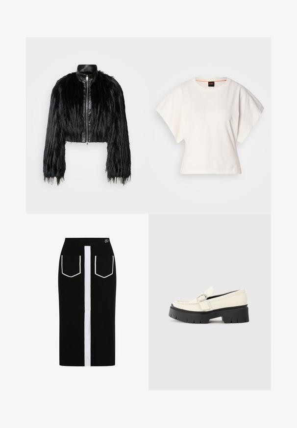 Juodas trumpas švarkas, derinantis ilgas dirbtinio kailio rankoves su juodu odiniu apykakle ir priekiniais užtrauktukais, turintis tekstūruotą, purų paviršių.; Baltas trumpas marškinėliai, plačios trumpomis rankovėmis, minkšta medvilnė, apvali kaklo iškirptė su subtiliu oranžiniu apvadu, minimalus dizainas, be raštų ar grafikų.; Juodas mezginys midi sijonas su plačiomis baltomis vertikaliomis juostelėmis ir baltomis kišenėmis. Turi elastingą juosmenį patogumui.; Baltas odinis loaferis su storu juodu platforminiu padu, turintis stačiakampį sidabrinį sagtį ir matomu siuvimo ornamentu ant viršaus.