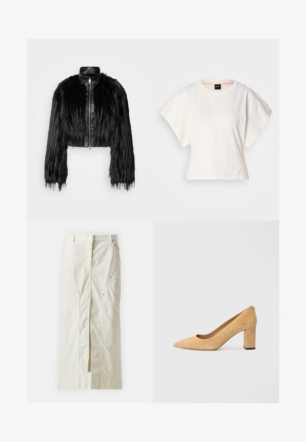 Juodas trumpas švarkas, derinantis ilgas dirbtinio kailio rankoves su juodu odiniu apykakle ir priekiniais užtrauktukais, turintis tekstūruotą, purų paviršių.; Baltas trumpas marškinėliai, plačios trumpomis rankovėmis, minkšta medvilnė, apvali kaklo iškirptė su subtiliu oranžiniu apvadu, minimalus dizainas, be raštų ar grafikų.; Šviesiai smėlinis š palmės sijonas su priekiu, dviem šoniniais kišenėmis su spaudėm ir mygtuko uždarymu juosmens srityje.; Bežiniai zomšiniai aukštakulniai bateliai su smaigaliu ir masyviu blokiniu kulnu. Medžiaga turi švelnų tekstūrą ir lygią apdailą.