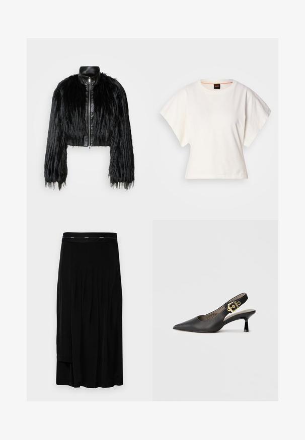 Schwarze, kurz geschnittene Jacke mit langen, gefälschten Pelzärmeln, einem schwarzen Lederkragen und einem Reißverschluss vorne, die eine strukturierte, fusselige Oberfläche hat.; Weißes, kurzes T-Shirt, kurze weite Ärmel, weicher Baumwollstoff, runder Ausschnitt mit subtilen orangefarbenen Akzenten, minimales Design, keine Muster oder Grafiken.; Schwarzer Midirock mit Falten, glatter Textur und einem breiten Bund mit dezentem Markenlogo. Schlichtes Design und bodenlanger Schnitt.; Schwarzer Slingback-Highheel mit einer spitzen Zehe, glattem Ledertextur und einem goldfarbenen Schnallendetail am Riemen.