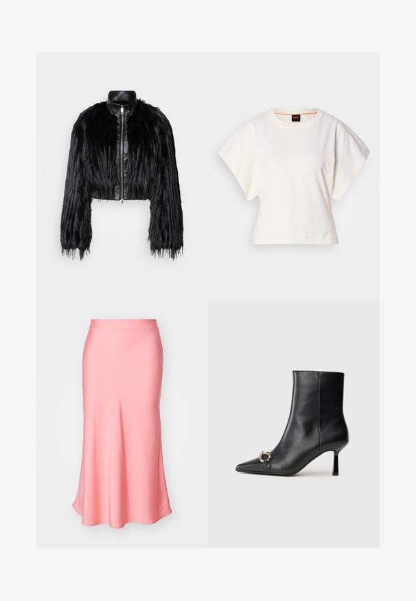 Jachetă scurtă neagră, care combină mânecile lungi din blană sintetică cu un guler din piele neagră și fermoar frontal, având o finisare texturată, zbârcită.; Tricou alb scurt, cu mâneci scurte și largi, din bumbac moale, cu decolteu rotund și un finisaj subtil portocaliu, design minimalist, fără modele sau grafice.; Fustă midi din satin roz cu o textură netedă, design cu fundă evazată și talie elastică pentru confort. Formă clasică, atemporală.; Botine negre din piele, cu vârf ascuțit, toc subțire de înălțime medie și detaliu cu cataramă argintie pe lateral, pe un fundal simplu.