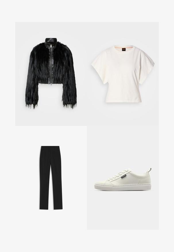 Czarna krótka kurtka z długimi futrzanymi rękawami z sztucznego futra, z czarnym skórzanym kołnierzem i frontowym zamkiem błyskawicznym, charakteryzująca się teksturowanym, kudłatym wykończeniem.; Biała, krótka koszulka z szerokimi rękawami, wykonana z miękkiej bawełny, okrągły dekolt z delikatnym pomarańczowym wykończeniem, minimalistyczny design, bez wzorów i grafik.; Czarne spodnie o dopasowanym kroju z prostymi nogawkami, z przednimi kieszeniami i gładką, teksturowaną tkaniną. Schludne, minimalistyczne wykończenie.; Białe sneakersy wykonane z materiałów syntetycznych, charakteryzujące się gładką teksturą, zawiązywanym zapięciem, okrągłym noskiem oraz logo na boku.