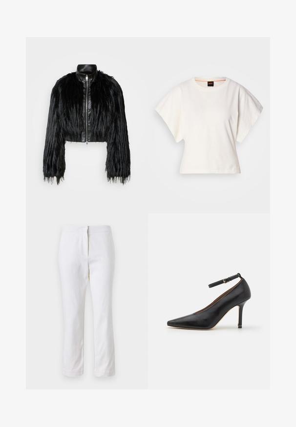 Must ikka, millel on pikad kunstkarvast varrukad, musta nahkdetailiga kaeluse ja ees oleva tõmblukuga, koos struktuurse, karvase viimistlusega.; Valge lühikeste laiadte varrukatega lühike T-särk, pehme puuvillane materjal, ümar kaelus kergelt oranži ääristusega, minimaalne disain, ilma mustrite ja graafikateta.; Valged puuvillased püksid sirge lõikega, keskmise kõrgusega vöökoht ja ilma nähtavate detailide või mustriteta. Ühtlane sile tekstuur.; Must musta kõrge kontsaga king, terava varbaga, pohlavööga ja peene kontsaga. Sile tekstuur koos kuldse aktsendiga kontsa aluses.