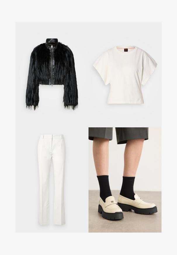 Veste noire courte associant de longues manches en fausse fourrure à un col en cuir noir et une fermeture éclair à l'avant, dotée d'une finition texturée et shaggy.; T-shirt blanc cintré, manches courtes et larges, en coton doux, décolleté rond avec une discrète bordure orange, design minimaliste, sans motifs ni graphiques.; Pantalons blancs ajustés avec un bas évasé, présentant des plis sur le devant et une texture lisse, fabriqués à partir d'un tissu léger.; Mocassins en cuir beige avec une semelle noire épaisse, de forme rectangulaire et bande avant. Portés avec des chaussettes noires mi-mollet. Détails de surface texturée.