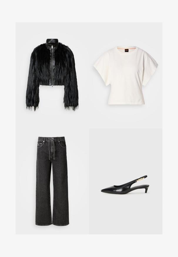 Jacket cropped preta que combina mangas longas de pelo sintético com um colarinho de pele sintética preto e fecho de correr frontal, apresentando um acabamento texturizado e desgrenhado.; T-shirt branco cropped, mangas curtas e largas, material de algodão suave, decote redondo com um discreto acabamento laranja, design minimalista, sem padrões ou gráficos.; Calças de ganga largas pretas feitas de denim. Apresentam uma cintura alta, passantes para cinto, bolsos frontais e detalhes em metal prateado.; Saltos slingback em couro preto com bico fino, apresentando um salto esguio e um detalhe em tom dourado na alça ajustável. Textura suave.