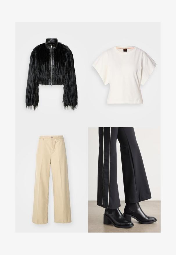 Črn skrajšan jopič, ki združuje dolge rokave iz umetnega krzna s črnim usnjenim ovratnikom in sprednjim zadrgo, z dokaj teksturiranim, kosmatim zaključkom.; Bela skrajšana majica s kratkimi širokimi rokavi, mehka bombažna tkanina, okrogla ovratnica z diskretnim oranžnim robom, minimalističen dizajn, brez vzorcev ali grafike.; Bež hlače širokega kroja iz bombaža, z zapiranjem na gumb spredaj, zankami za pas in teksturirano tkanino.; Črne usnjene gležnjarje s blok peto, z elastičnimi stranskimi paneli. Kombinirane s črnimi hlačami, ki imajo bele stranske črte.