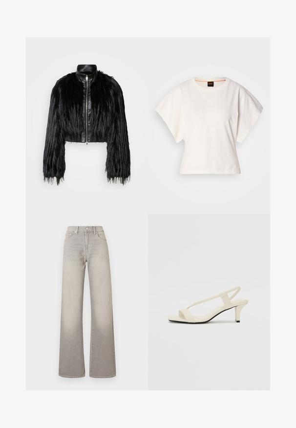 Juodas trumpas švarkas, derinantis ilgas dirbtinio kailio rankoves su juodu odiniu apykakle ir priekiniais užtrauktukais, turintis tekstūruotą, purų paviršių.; Baltas trumpas marškinėliai, plačios trumpomis rankovėmis, minkšta medvilnė, apvali kaklo iškirptė su subtiliu oranžiniu apvadu, minimalus dizainas, be raštų ar grafikų.; Pilki plačių kojų džinsai su išblukusiu apdailos efektu, mygtukų uždarymu, penkių kišenių dizainu ir siuvinėjimu palei siūles.; Kreminės blokų kulno šlepetės su plonomis dirželiais ir kvadratiniu pirštu. Lygus medžiaga su minimaliais akcentais, sukurtos lengvam dėvėjimui.