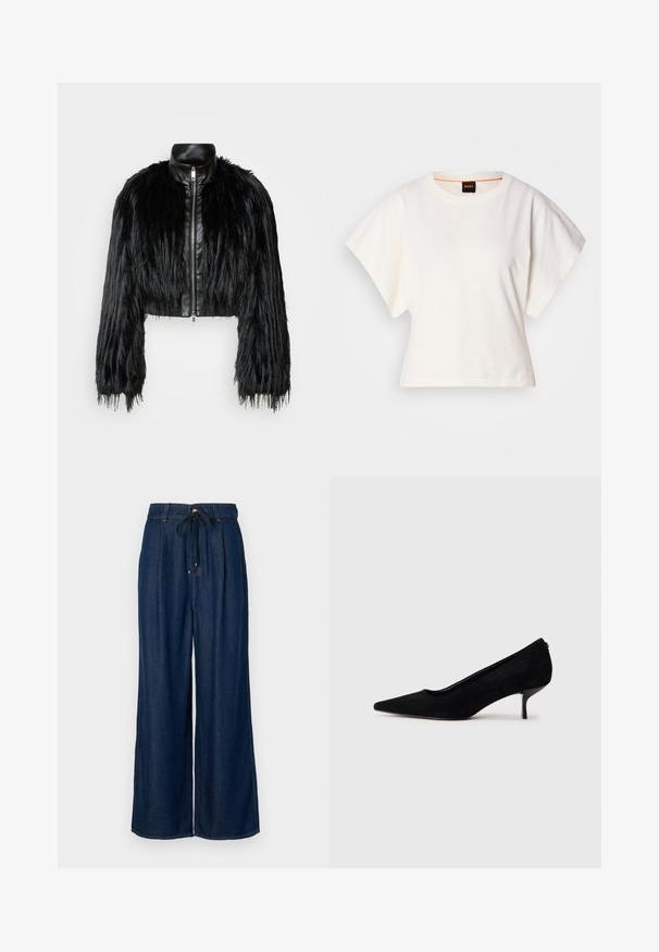 Zwart kort jasje met lange faux fur mouwen en een zwarte leren kraag en ritssluiting aan de voorkant, met een gestructureerde, harige afwerking.; Witte gecropte T-shirt, korte brede mouwen, zachte katoenmaterialen, ronde halslijn met subtiele oranje rand, minimalistisch ontwerp, geen patronen of graphics.; Donkerblauwe wijde jeans met een relaxte pasvorm, een elastische taille met trekkoord en geplooid ontwerp. Gemaakt van denim met een gladde textuur, voorzien van klassieke stiksels.; Zwarte suède hoge hak met een spitse neus en een slanke, lage hak. Gladde textuur met een strakke vormgeving, zonder zichtbare hardware.