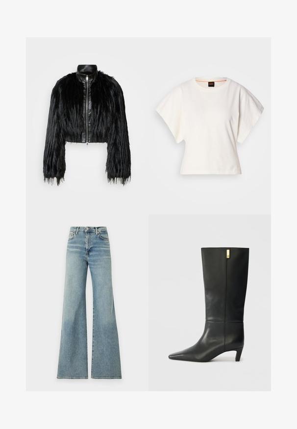 Svart kort jacka som kombinerar långa sockerfuskärmar med en svart läderkrage och dragkedja fram, med en texturerad, shaggy finish.; Vit kortärmad T-shirt, korta vida ärmar, mjukt bomullsmaterial, rund halsringning med subtila orange detaljer, minimal design, inga mönster eller grafik.; Ljusblå utsvängda jeans med hög midja, tillverkade av denim. Har en klassisk design med fem fickor och en subtil blekning på tyget.; Svarta läderknähöga stövlar med spetsig tå och låg klack. Har en elegant design med en guldfärgad detalj. Slät yta.