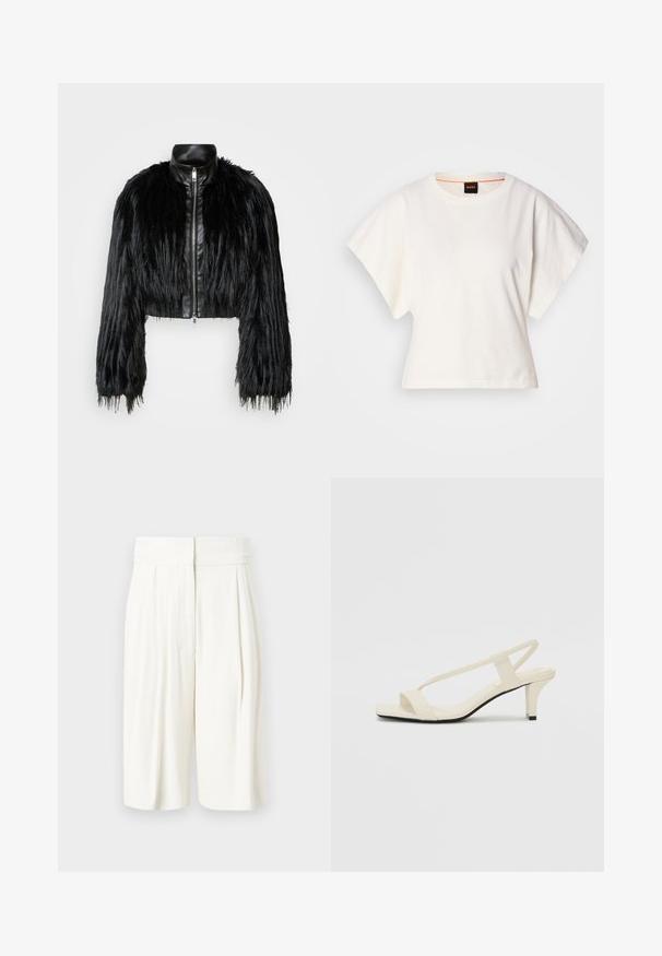 Črn skrajšan jopič, ki združuje dolge rokave iz umetnega krzna s črnim usnjenim ovratnikom in sprednjim zadrgo, z dokaj teksturiranim, kosmatim zaključkom.; Bela skrajšana majica s kratkimi širokimi rokavi, mehka bombažna tkanina, okrogla ovratnica z diskretnim oranžnim robom, minimalističen dizajn, brez vzorcev ali grafike.; Bele plisirane hlače s visokim pasom. Gladek material z sproščenim krojem, z bočnimi žepi in dolžino do kolen.; Bež sandale z blok peto, tankimi trakovi in kvadratnim prstom. Gladek material z minimalnim okrasjem, zasnovan za enostavno nošenje.