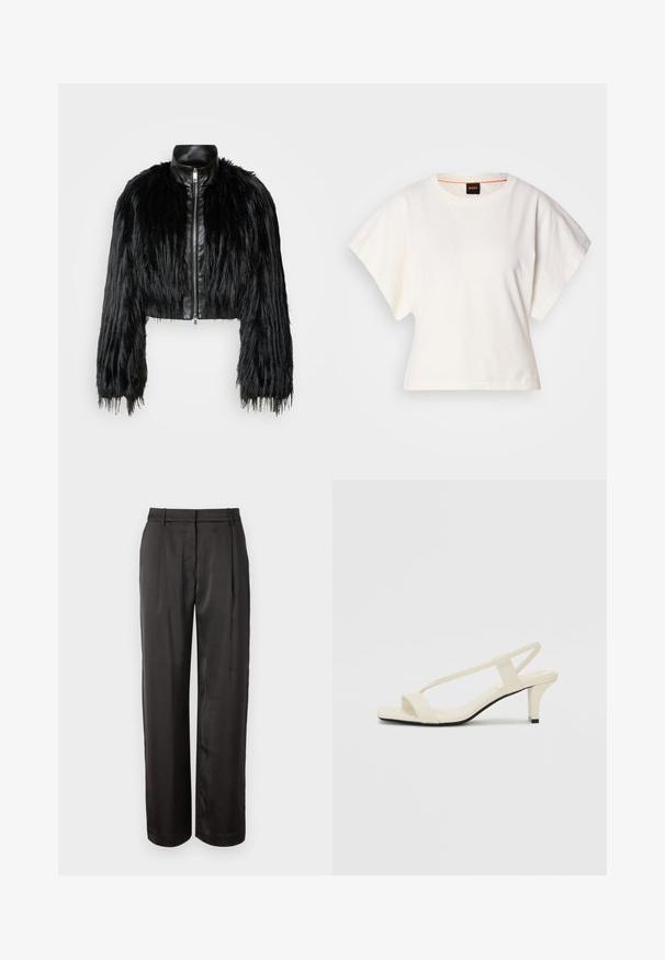 Melnā īsā jaka ar garām mākslīgā kažoka piedurknēm, melnu ādas apkakli un priekšējo rāvējslēdzēju, ar teksturētu, pūkainu apdari.; Balts īsais T-krekls, plašas īsas piedurknes, mīksts kokvilnas materiāls, apaļa kakla izgriezums ar delikātu oranžu apdari, minimāls dizains, bez rakstiem vai grafikām.; Melnas, augsta vidukļa bikses no gludas auduma. Izceļas ar taisnu piegriezumu, diviem priekšējiem krokām un jostu cilpām.; Beige bloku papēžu sandales ar plānām siksnām un kvadrāta formas purngalu. Gluda materiāla virsma ar minimālām detaļām, paredzētas ērtai nēsāšanai.