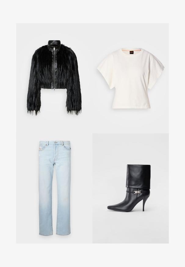 Crna skraćena jakna koja kombinira dugačke rukave od umjetnog krzna s crnim kožnim ovratnikom i prednjim zatvaračem, s teksturiranim, šaggy završetkom.; Bijeli skraćeni T-shirt, široke kratke rukave, mekani pamučni materijal, okrugli izrez s suptilnim narančastim detaljem, minimalistički dizajn, bez uzoraka ili grafika.; Svijetloplave traperice ravnog kroja, s manjim oštećenjima, pet džepova i zatvaranjem na gumb.; Crna kožna gležnjača s šiljastim prstom, visokim stiletto potplatom, preklopnim rubom i zlatnom dekorativnom kopčom na gležnju.