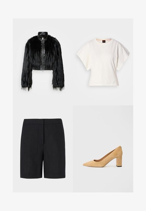 Črn skrajšan jopič, ki združuje dolge rokave iz umetnega krzna s črnim usnjenim ovratnikom in sprednjim zadrgo, z dokaj teksturiranim, kosmatim zaključkom.; Bela skrajšana majica s kratkimi širokimi rokavi, mehka bombažna tkanina, okrogla ovratnica z diskretnim oranžnim robom, minimalističen dizajn, brez vzorcev ali grafike.; Črne kratke hlače iz lahkega materiala, klasičnega ravnega kroja, minimalističnega oblikovanja, brez vidnih dodatkov ali vzorcev.; Bež sueded visok petni čevlji s koničastim nosom in debelim blok peto. Material ima mehak teksturo z gladko obdelavo.