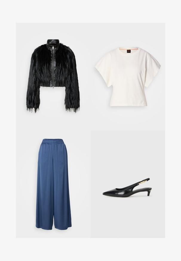 Black cropped jacket combining long faux fur sleeves with a black leather collar and front zipper, featuring a textured, shaggy finish.; White cropped T-shirt, short wide sleeves, soft cotton material, round neckline with subtle orange trim, minimal design, no patterns or graphics.; Wide-leg pants in a deep blue color, made from soft fabric. Features an elastic waistband and a loose, flowing silhouette.; Black leather slingback heels with a pointed toe, featuring a slim heel and a gold-tone accent on the adjustable strap. Smooth texture.