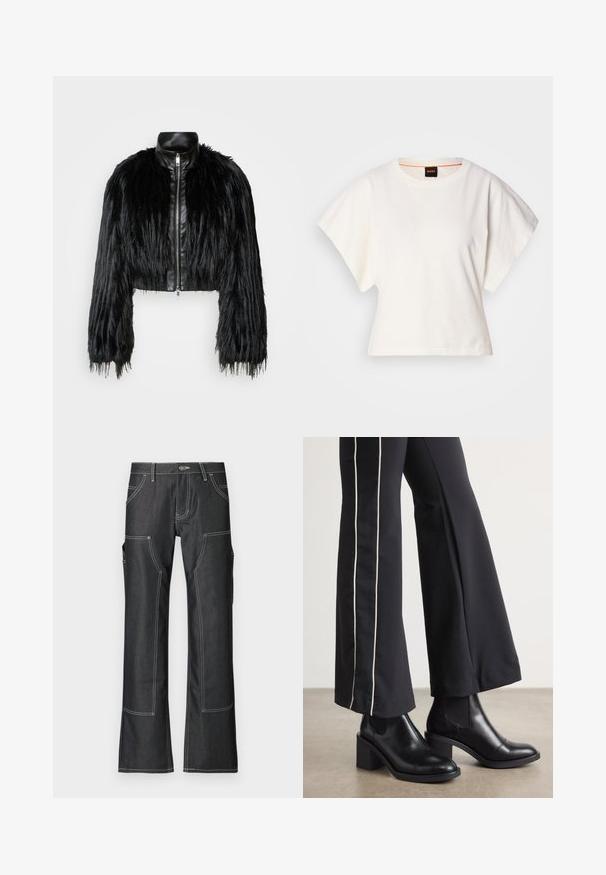 Black cropped jacket combining long faux fur sleeves with a black leather collar and front zipper, featuring a textured, shaggy finish.; White cropped T-shirt, short wide sleeves, soft cotton material, round neckline with subtle orange trim, minimal design, no patterns or graphics.; Dark denim cargo pants with white contrast stitching, featuring multiple pockets and a flared leg design. Durable fabric and metal button closure.; Black leather ankle boots with a block heel, featuring elastic side panels. Paired with black pants that have a white side stripe.