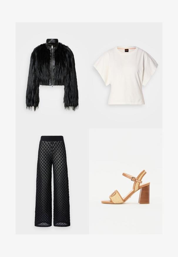 Must ikka, millel on pikad kunstkarvast varrukad, musta nahkdetailiga kaeluse ja ees oleva tõmblukuga, koos struktuurse, karvase viimistlusega.; Valge lühikeste laiadte varrukatega lühike T-särk, pehme puuvillane materjal, ümar kaelus kergelt oranži ääristusega, minimaalne disain, ilma mustrite ja graafikateta.; Mustad laiad püksid, millel on tekstuuriga, tikitud muster ja sujuv, elastne vöökoht, pakkudes kihilist ja hingavat välimust.; Pruun nahast ja kootud õlgedest kontsakingad, millel on pahkluu rihm, avatud varvas ja tumesinine puidust stiilis konts, millel on horisontaalsed triibud.