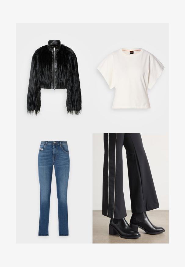 Crna skraćena jakna koja kombinira dugačke rukave od umjetnog krzna s crnim kožnim ovratnikom i prednjim zatvaračem, s teksturiranim, šaggy završetkom.; Bijeli skraćeni T-shirt, široke kratke rukave, mekani pamučni materijal, okrugli izrez s suptilnim narančastim detaljem, minimalistički dizajn, bez uzoraka ili grafika.; Plave traperice s ravnim krojem, dizajnom od pet džepova, zatvaranjem na gumb i suptilnim izblijedjelim dijelovima. Glatka tekstura i uredan rub.; Crne kožne gležnjače s blok petom, s elastičnim bočnim panelima. Uparene s crnim hlačama koje imaju bijelu bočnu prugu.