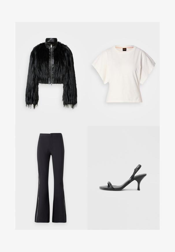 Czarna krótka kurtka z długimi futrzanymi rękawami z sztucznego futra, z czarnym skórzanym kołnierzem i frontowym zamkiem błyskawicznym, charakteryzująca się teksturowanym, kudłatym wykończeniem.; Biała, krótka koszulka z szerokimi rękawami, wykonana z miękkiej bawełny, okrągły dekolt z delikatnym pomarańczowym wykończeniem, minimalistyczny design, bez wzorów i grafik.; Czarne spodnie dzwony wykonane z elastycznego materiału. Charakteryzują się gładką teksturą oraz kontrastowym białym paskiem po bokach. Prosty design z elastycznym paskiem w talii.; Czarne skórzane sandały na wysokim obcasie z cienkim, zakrzywionym obcasem i skrzyżowanym wzorem pasków. Regulowany pasek na kostkę. Gładka faktura.