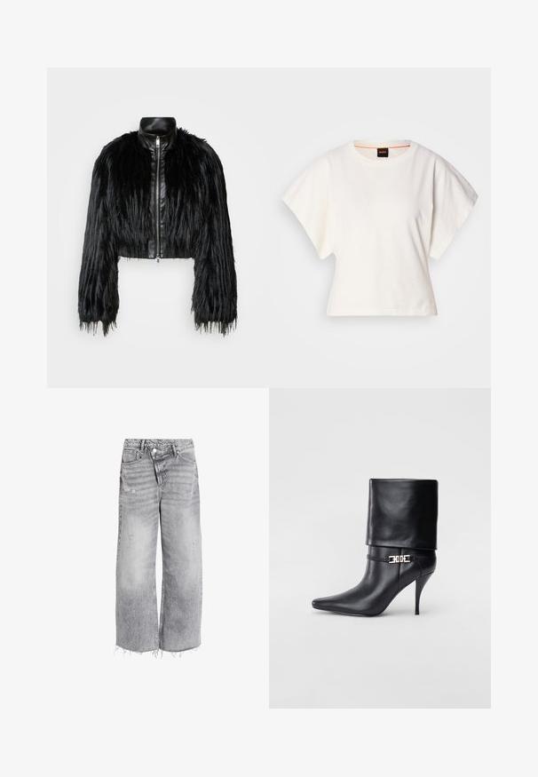 Fekete crop dzseki, amely hosszú műszőrme ujjakkal, fekete bőr gallérral és elöl cipzárral kombinálva, texturált, bolyhos felülettel rendelkezik.; Fehér, rövid, bő ujjú, crop szabású póló, puha pamut anyagból, kerek nyakkivágással, finom narancssárga díszítéssel, minimalista dizájn, minta vagy grafika nélkül.; Magas derekú, bő szárú farmernadrág világosszürke denim anyagból, melyen kopottas részletek és nyers szárvégek találhatók. Két elülső zseb és gombos zárás.; Fekete bőr bokacsizma hegyes orral, magas stiletto sarokkal, hajtott szegéllyel és arany díszcsattal a bokán.