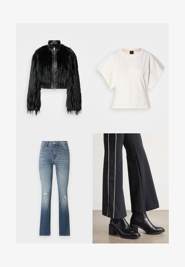 Črn skrajšan jopič, ki združuje dolge rokave iz umetnega krzna s črnim usnjenim ovratnikom in sprednjim zadrgo, z dokaj teksturiranim, kosmatim zaključkom.; Bela skrajšana majica s kratkimi širokimi rokavi, mehka bombažna tkanina, okrogla ovratnica z diskretnim oranžnim robom, minimalističen dizajn, brez vzorcev ali grafike.; Svetlo modri traper hlače s flared krojem in visokim pasom, ki imajo dve sprednji žepi in obrabljen izgled na stegnih.; Črne usnjene gležnjarje s blok peto, z elastičnimi stranskimi paneli. Kombinirane s črnimi hlačami, ki imajo bele stranske črte.