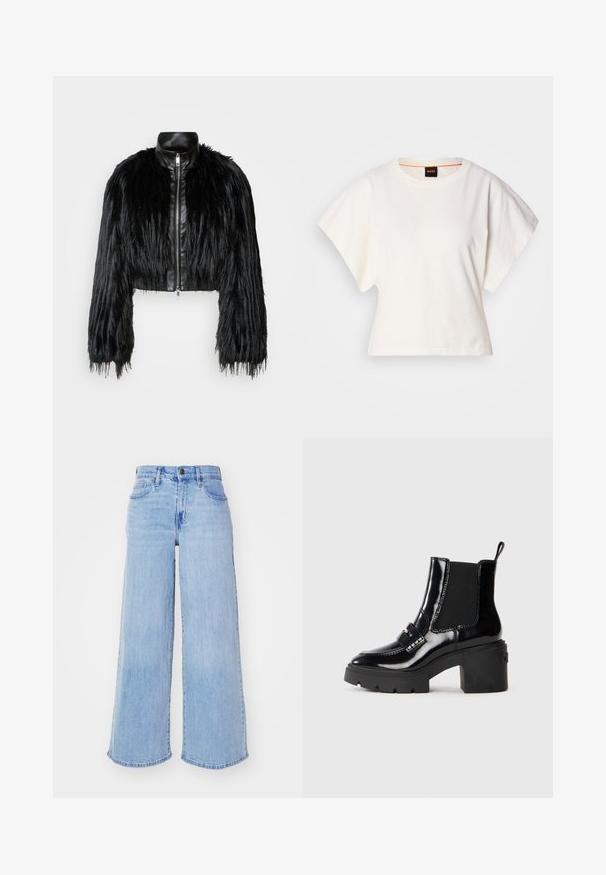 Μαύρο κοντό μπουφάν που συνδυάζει μακριά μανίκια από ψεύτικη γούνα με μαύρη δερμάτινη κολάρο και μπροστινό φερμουάρ, με υφή που θυμίζει τριχωτό.; Λευκό κοντομάνικο μπλουζάκι, φαρδιές κοντές μανίκες, μαλακό βαμβακερό υλικό, στρογγυλή λαιμόκοψη με διακριτική πορτοκαλί λεπτομέρεια, μινιμαλιστικός σχεδιασμός, χωρίς σχέδια ή γραφικά.; Ανοιχτό μπλε τζιν παντελόνι με φαρδύ πόδι και ψηλή μέση, με κλείσιμο με κουμπί, πέντε τσέπες και λεπτομέρειες στο τελείωμα που είναι ξεφτισμένο.; Μαύρο πατενταρισμένο μποτίνι στον αστράγαλο με χοντρό τακούνι, ελαστικά πλευρικά πάνελ, διακοσμητική ζώνη και αντίθετο ραφές. Λείο υλικό με γυαλιστερό φινίρισμα.
