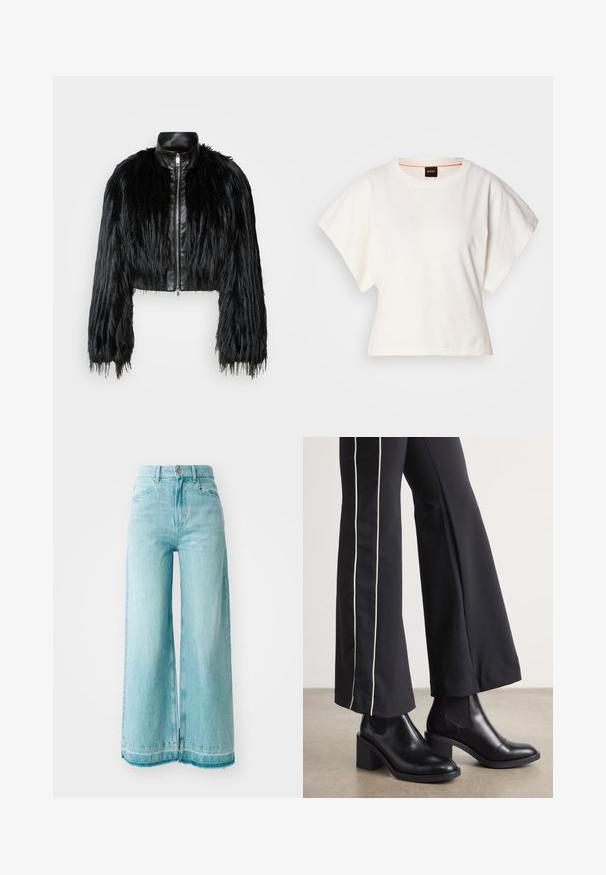 Črn skrajšan jopič, ki združuje dolge rokave iz umetnega krzna s črnim usnjenim ovratnikom in sprednjim zadrgo, z dokaj teksturiranim, kosmatim zaključkom.; Bela skrajšana majica s kratkimi širokimi rokavi, mehka bombažna tkanina, okrogla ovratnica z diskretnim oranžnim robom, minimalističen dizajn, brez vzorcev ali grafike.; Svijetloplave široke traperice s visokim strukom, sa zatvaranjem na dugme, prednjim džepovima i poderanim rubovima za ležeran izgled.; Črne usnjene gležnjarje s blok peto, z elastičnimi stranskimi paneli. Kombinirane s črnimi hlačami, ki imajo bele stranske črte.