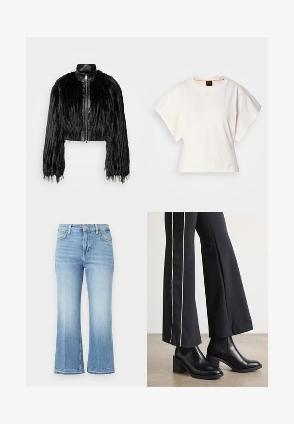 Must ikka, millel on pikad kunstkarvast varrukad, musta nahkdetailiga kaeluse ja ees oleva tõmblukuga, koos struktuurse, karvase viimistlusega.; Valge lühikeste laiadte varrukatega lühike T-särk, pehme puuvillane materjal, ümar kaelus kergelt oranži ääristusega, minimaalne disain, ilma mustrite ja graafikateta.; Heled sinise denimi koomid kõrge vöökoht, laiad flared jalgadega, tuhmunud disain ning õmblustega aksessuaarid taskutel ja servadel.; Mustad nahast pahklu_bootid, millel on ploki konts ja elastsed külgpaneelid. Kombineeritud mustade pükstega, millel on valge küljeriba.