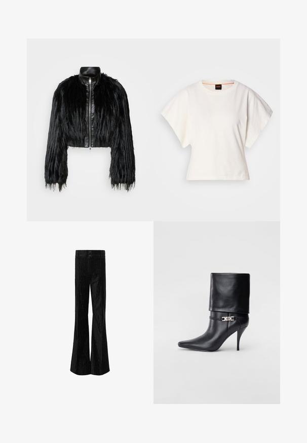 Fekete crop dzseki, amely hosszú műszőrme ujjakkal, fekete bőr gallérral és elöl cipzárral kombinálva, texturált, bolyhos felülettel rendelkezik.; Fehér, rövid, bő ujjú, crop szabású póló, puha pamut anyagból, kerek nyakkivágással, finom narancssárga díszítéssel, minimalista dizájn, minta vagy grafika nélkül.; Fekete, harang szabású nadrág, függőleges fehér csíkozással, puha anyagból, sima felülettel készült. Két gomb található a derékon.; Fekete bőr bokacsizma hegyes orral, magas stiletto sarokkal, hajtott szegéllyel és arany díszcsattal a bokán.