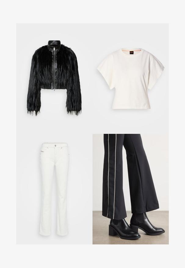 Must ikka, millel on pikad kunstkarvast varrukad, musta nahkdetailiga kaeluse ja ees oleva tõmblukuga, koos struktuurse, karvase viimistlusega.; Valge lühikeste laiadte varrukatega lühike T-särk, pehme puuvillane materjal, ümar kaelus kergelt oranži ääristusega, minimaalne disain, ilma mustrite ja graafikateta.; Valged flared teksapüksid, mis on valmistatud denimist, viie-taskulise disaini, nööbiklõpsu ja peene õmblusega talje ja taskute piirkonnas.; Mustad nahast pahklu_bootid, millel on ploki konts ja elastsed külgpaneelid. Kombineeritud mustade pükstega, millel on valge küljeriba.