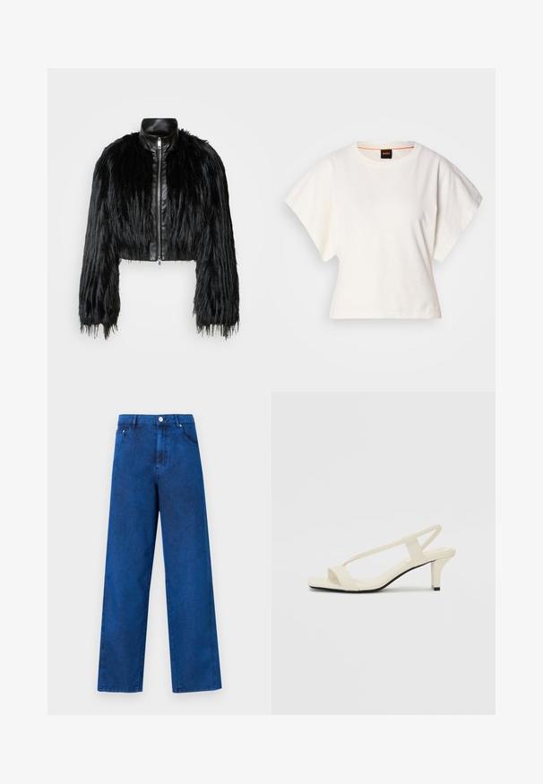 Must ikka, millel on pikad kunstkarvast varrukad, musta nahkdetailiga kaeluse ja ees oleva tõmblukuga, koos struktuurse, karvase viimistlusega.; Valge lühikeste laiadte varrukatega lühike T-särk, pehme puuvillane materjal, ümar kaelus kergelt oranži ääristusega, minimaalne disain, ilma mustrite ja graafikateta.; Sinine denimist laiad püksid kõrge vöökohaga, millel on õmblustähed, esiküljel taskud ja metallne nööp kinnihoidmiseks.; Beez blok-kandadesed õhukeste rihmadega ja ruudukujulise varbaga. Sile materjal minimaalsete detailidega, kujundatud mugavaks kandmiseks.