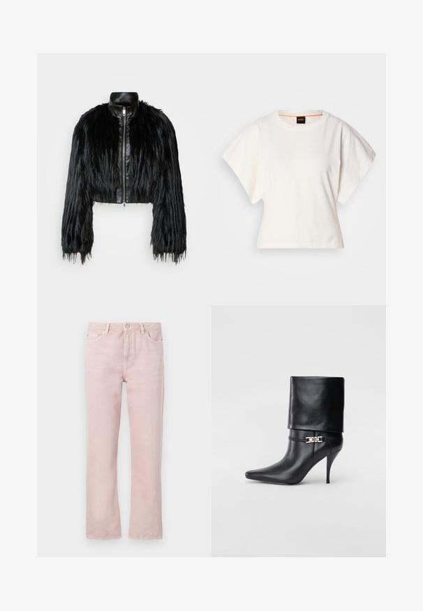 Mustan lyhyen takin yhdistelmä, jossa on pitkät tekoturkishihat, musta nahkakaulus ja etuvetoketju. Takissa on teksturoitu, karhea pinta.; Valkoinen lyhythihainen t-paita, leveät lyhyet hihat, pehmeää puuvillamateriaalia, pyöreä pääntie jossa hienovarainen oranssi reunus, minimaalinen muotoilu, ei kuvioita tai graafisia elementtejä.; Vaaleanpunaiset farkut, joissa on suora leikkaus, viisi taskua ja vetoketjusuljenta. Sisältää ompeluyksityiskohtia ja hopeanvärisiä varusteita.; Musta nahkasaapas nilkkapituudella, teräväkärkinen, korkea stiletto-korko, käännettävä varsi ja kultainen koristeellinen solki nilkassa.