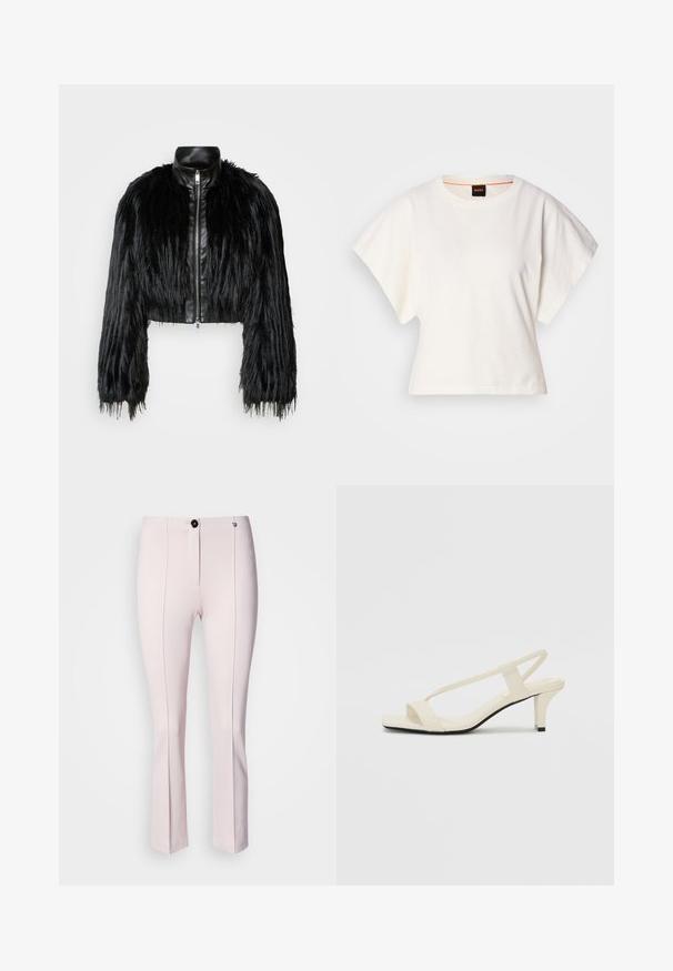 Jachetă scurtă neagră, care combină mânecile lungi din blană sintetică cu un guler din piele neagră și fermoar frontal, având o finisare texturată, zbârcită.; Tricou alb scurt, cu mâneci scurte și largi, din bumbac moale, cu decolteu rotund și un finisaj subtil portocaliu, design minimalist, fără modele sau grafice.; Pantaloni roz, ajustați, cu o ușoară evazare, având o închidere frontală cu buton, două cusături verticale și o textură fină.; Sandale bej cu toc bloc, cu bretele subțiri și vârf pătrat. Material neted cu detalii minime, concepute pentru a fi ușor de purtat.