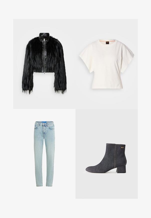 Jacket cropped preta que combina mangas longas de pelo sintético com um colarinho de pele sintética preto e fecho de correr frontal, apresentando um acabamento texturizado e desgrenhado.; T-shirt branco cropped, mangas curtas e largas, material de algodão suave, decote redondo com um discreto acabamento laranja, design minimalista, sem padrões ou gráficos.; Jeans de ganga azul claro com corte reto, cinco bolsos e fecho de botão. Apresenta áreas desbotadas e costura reforçada nas costuras.; Bota de tornozelo em denim escuro com bico pontiagudo, salto bloco, costura visível e um discreto logo da marca na lateral. Textura suave.
