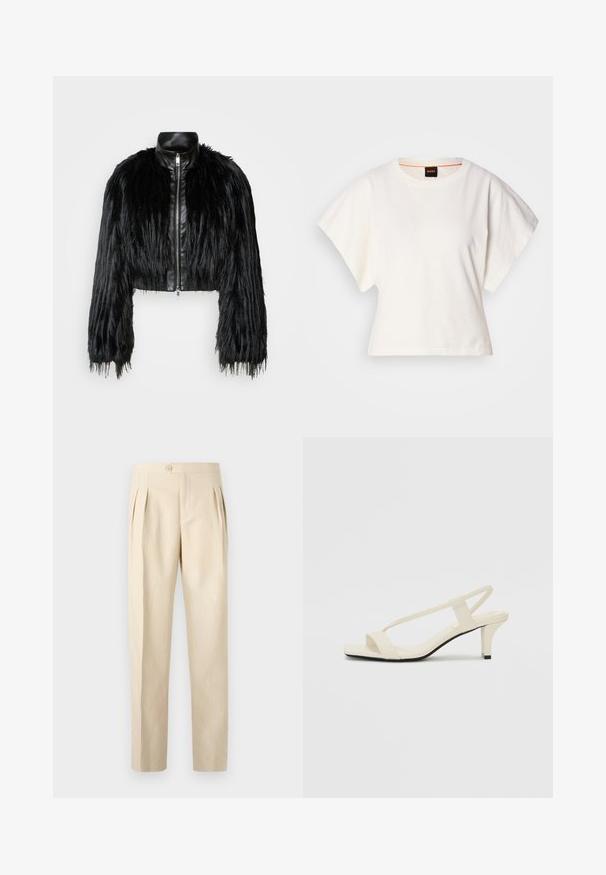 Črn skrajšan jopič, ki združuje dolge rokave iz umetnega krzna s črnim usnjenim ovratnikom in sprednjim zadrgo, z dokaj teksturiranim, kosmatim zaključkom.; Bela skrajšana majica s kratkimi širokimi rokavi, mehka bombažna tkanina, okrogla ovratnica z diskretnim oranžnim robom, minimalističen dizajn, brez vzorcev ali grafike.; Bež hlače visoko pasu s sprednjimi pregibi, enim gumbom za zapiranje in ravnim krojem. Narejene so iz teksturirane tkanine.; Bež sandale z blok peto, tankimi trakovi in kvadratnim prstom. Gladek material z minimalnim okrasjem, zasnovan za enostavno nošenje.