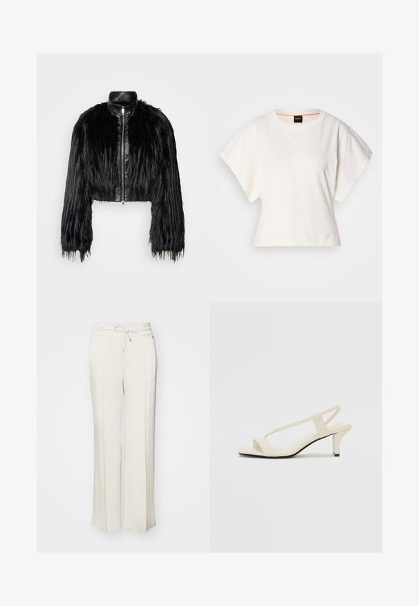 Veste noire courte associant de longues manches en fausse fourrure à un col en cuir noir et une fermeture éclair à l'avant, dotée d'une finition texturée et shaggy.; T-shirt blanc cintré, manches courtes et larges, en coton doux, décolleté rond avec une discrète bordure orange, design minimaliste, sans motifs ni graphiques.; Pantalons larges beige clair avec une taille élastique et un cordon de serrage. Fabriqués à partir d'un tissu texturé avec des plis avant et une coupe décontractée.; Sandales beiges à talons carrés avec des fines brides et un bout carré. Matière lisse avec des détails minimaux, conçues pour un port facile.