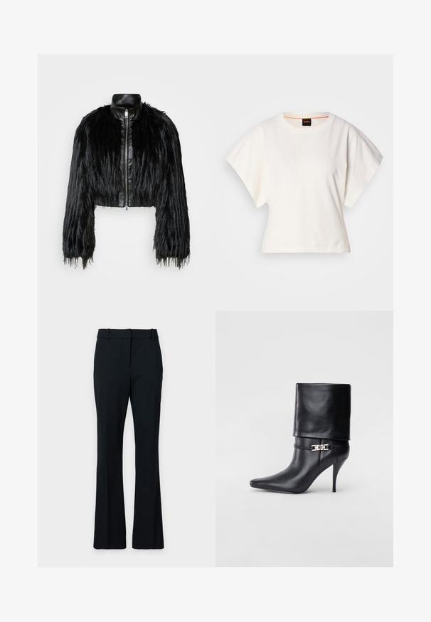 Zwart kort jasje met lange faux fur mouwen en een zwarte leren kraag en ritssluiting aan de voorkant, met een gestructureerde, harige afwerking.; Witte gecropte T-shirt, korte brede mouwen, zachte katoenmaterialen, ronde halslijn met subtiele oranje rand, minimalistisch ontwerp, geen patronen of graphics.; Zwarte flared broeken van een gladde stof. Heeft een platte voorkant, riemlussen en een getailleerde pasvorm die geleidelijk breder wordt naar de onderkant.; Zwarte leren enkelboot met een spitse neus, hoge stilettohak, opgevouwen manchet en een gouden decoratieve gespdetails op de enkel.