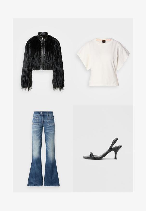 Must ikka, millel on pikad kunstkarvast varrukad, musta nahkdetailiga kaeluse ja ees oleva tõmblukuga, koos struktuurse, karvase viimistlusega.; Valge lühikeste laiadte varrukatega lühike T-särk, pehme puuvillane materjal, ümar kaelus kergelt oranži ääristusega, minimaalne disain, ilma mustrite ja graafikateta.; Laienevad sinised teksad kerge kuni tumeda gradientiga, kaks esi-taskut ja nööbiga sulgemine. Omavad minimaalset õmblust ja siledat tekstuuri.; Mustad nahast kõrgete kontsadega sandaalid, millel on saledad, kõverad kontsad ja ristatud rihma disain. Reguleeritav pahkluu rihm. Sile tekstuur.