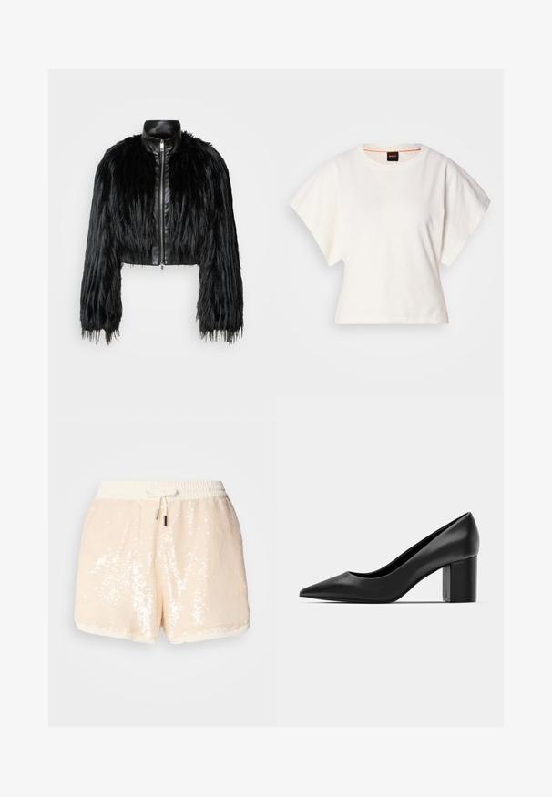 Črn skrajšan jopič, ki združuje dolge rokave iz umetnega krzna s črnim usnjenim ovratnikom in sprednjim zadrgo, z dokaj teksturiranim, kosmatim zaključkom.; Bela skrajšana majica s kratkimi širokimi rokavi, mehka bombažna tkanina, okrogla ovratnica z diskretnim oranžnim robom, minimalističen dizajn, brez vzorcev ali grafike.; Šortki iz svetlega bež materiala s svetlečimi bleščicami, elastičnim pasom in vrvico za zavezovanje. Imajo mehko podlogo in gladko teksturo. Okrasni elementi vključujejo svetleče bleščice.; Črne usnjene pete z ostrim nosom in masivnim kvadrataškim peto. Gladka textura, preprost dizajn, primeren za formalne priložnosti.