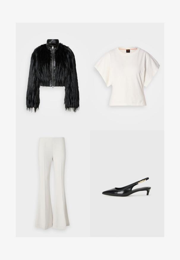 Zwart kort jasje met lange faux fur mouwen en een zwarte leren kraag en ritssluiting aan de voorkant, met een gestructureerde, harige afwerking.; Witte gecropte T-shirt, korte brede mouwen, zachte katoenmaterialen, ronde halslijn met subtiele oranje rand, minimalistisch ontwerp, geen patronen of graphics.; Witte uitlopende broek gemaakt van een gladde, rekbare stof. Kenmerkt zich door een hoge taille en een aansluitende pasvorm die uitloopt vanaf de knie.; Zwarte leren slingback hakken met een spitse neus, voorzien van een slanke hak en een goudkleurige accent op de verstelbare band. Gladde textuur.