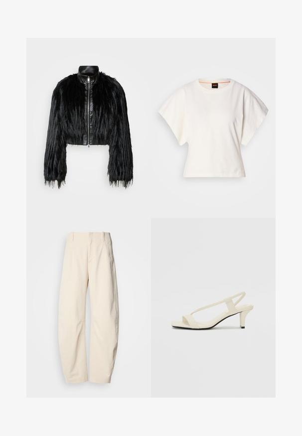 Mustan lyhyen takin yhdistelmä, jossa on pitkät tekoturkishihat, musta nahkakaulus ja etuvetoketju. Takissa on teksturoitu, karhea pinta.; Valkoinen lyhythihainen t-paita, leveät lyhyet hihat, pehmeää puuvillamateriaalia, pyöreä pääntie jossa hienovarainen oranssi reunus, minimaalinen muotoilu, ei kuvioita tai graafisia elementtejä.; Housut vaaleanpuuterista, joissa on teksturoitu materiaali, korkea vyötärö, suorat lahkeet ja sivutaskut.; Beige sandaalit, joissa on loiva korko, ohuet hihnat ja neliönmallinen varvasosa. Sileä materiaali, jossa on minimaalista yksityiskohtaa, suunniteltu helppokäyttöiseksi.