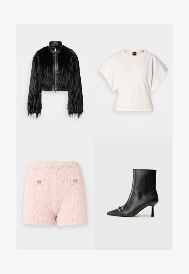 Fekete crop dzseki, amely hosszú műszőrme ujjakkal, fekete bőr gallérral és elöl cipzárral kombinálva, texturált, bolyhos felülettel rendelkezik.; Fehér, rövid, bő ujjú, crop szabású póló, puha pamut anyagból, kerek nyakkivágással, finom narancssárga díszítéssel, minimalista dizájn, minta vagy grafika nélkül.; Rózsaszín kötött rövidnadrág, texturált szövettel, két hátsó zsebbel és díszes arany gombokkal a zsebkrahácsokon.; Fekete bőr bokacsizma hegyes orral, vékony közép magasságú sarokkal és ezüst csattal az oldalon, sima háttér előtt.