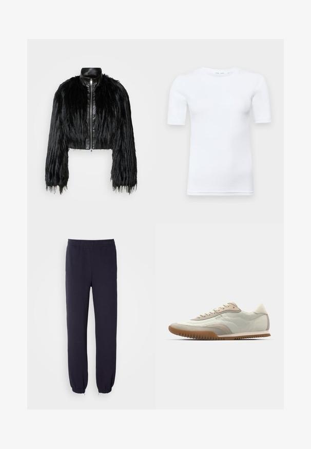 Crna skraćena jakna koja kombinira dugačke rukave od umjetnog krzna s crnim kožnim ovratnikom i prednjim zatvaračem, s teksturiranim, šaggy završetkom.; Bijela majica s kratkim rukavima od pamuka. Ima okrugli izrez i glatku teksturu, s minimalnim šavovima vidljivim na rubu.; Tamne plave trenirke s elastičnom odmah i uskim rubovima. Izrađene su od mekog materijala s glatkom teksturom, bez vidljivih uzoraka ili ukrasa.; Bijele i bež tenisice s glatkom gornjom površinom i akcentima od nubuka, teksturiranom potplatom i toniranim šavovima. Zatvaranje na čipke s detaljem logotipa.