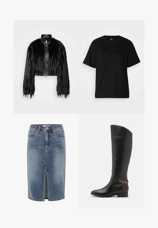 Fekete crop dzseki, amely hosszú műszőrme ujjakkal, fekete bőr gallérral és elöl cipzárral kombinálva, texturált, bolyhos felülettel rendelkezik.; Fekete pamut póló kerek nyakkivágással, rövid ujjakkal és hímzett logóval a mellkasán. Egyszerű, laza szabás, minta nélkül.; Kék farmer, térd alatt érő szoknya, elől középen hasított résszel, öt zsebes kialakítással és gombos záródással a derékon.; Magas fekete bőrcsizma áramvonalas dizájnnal, hegyes orral és arany lánc díszítéssel a bokán. Alacsony, tömbsarkú. Sima felület.